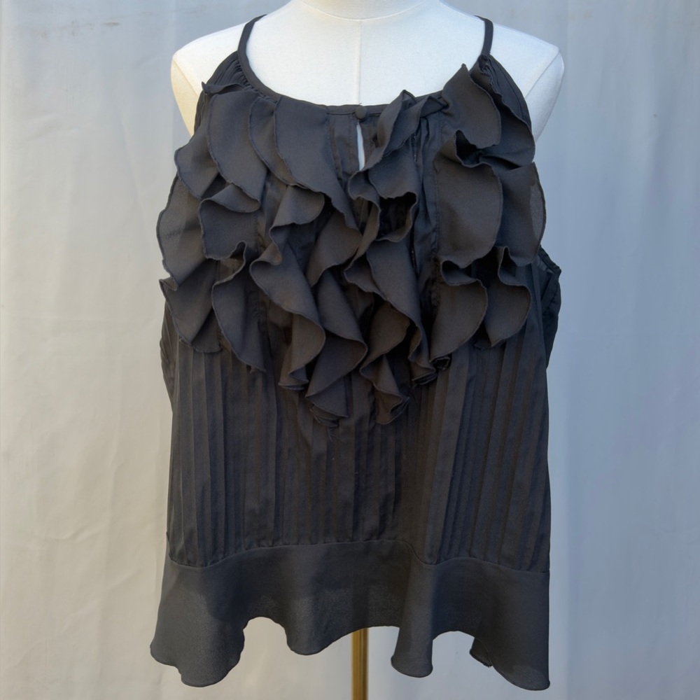 Black Ruffle Chiffon Blouse Pleated Romantic Top Milano XL